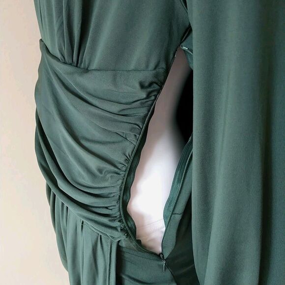 BalticBorn Solana Ruched Dress L Green Faux Wrap Puff Sleeve Babydoll Draped - Picture 4 of 9